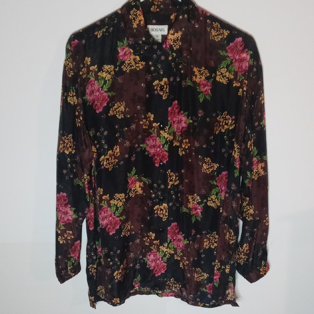 Bogari 100% Silk Size Small Black Floral Button Up Blouse